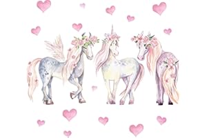 Pandawal Wandtattoo Kinderzimmer Mädchen Deko Einhorn Pferde Herz Wanddeko für Kinder und Babyzimmer Wandaufkleber (S)