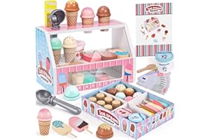 ATOYLINK Gelateria Giocattolo per Bambini, Gelato in Legno Accessori da Cucina con Cibo Giocattolo Soldi per Giocare, Montessori Gelati Giochi in Legno Educativo Regalo per Bambini Bambina 3 4 5 6 anni