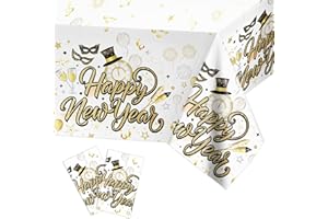 HOWAF 2 Mantel Nochevieja, Mantel Rectangular de Feliz Año Nuevo Happy New Year Plástico Adornos Mesa para Cotillon Nochevieja 2026, Decoracion Fin de Año 2026, Oro Blanco
