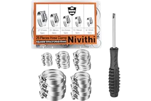 Nivithi 304 Stainless Steel Hose Clips,Hose Clamp Assortment Kit,Adjustable Hose Clamps (6-51mm),Worm Gear Pipe Jubilee Clip for Plumbing,Automotive & Mechanical Use,25pcs