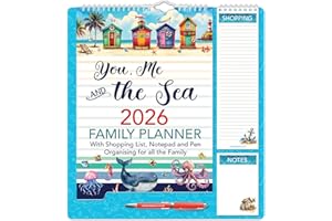 STAR ONLINE 2026 Family Organiser Calendar Wall Planner With Memo Pad, Pen & Shopping List - You Me And The Sea - Monthly Five Columns