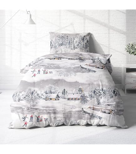 Weihnachts-Bettwäsche 3-teilig 155x200 Cm – Mit Kiefern, Kugeln & Schneeflocken-Motiv