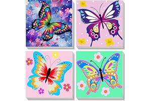 PUJEKNM 4 Pack Butterfly Paint by Numbers for Children with Wooden Frame-Butterflies Paint by Numbers Kids Ages 4-8-12,DIY Painting by Numbers for Kids Acrylic Oil Canvas for Home Wall Decor(8X8inch)