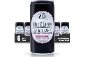 Fitch & Leedes Sugar-Free Pink Tonic Mixer for Spirits & Cocktails (6 x 200ml) – Ideal for London Dry, Citrus, African Botanical, and Floral Gins, Offering a Delicate Balance of Rose and Cucumber
