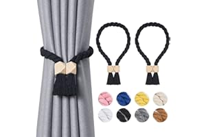 Pretty Jolly Polyeder magnetische Vorhang-Raffhalter aus Holz, Boho-Dekoration, Raffhalter, natürliche Baumwolle, handgewebt, für Fenstervorhänge für Zuhause und Büro, Schwarz, 2 Stück