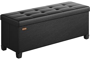 SONGMICS Puff Almacenaje, Banco Plagable con Patas, 38 x 110 x 40 cm, Reposapiés, 112 L, PVC, para el Dormitorio, Sala de Estar, Negro Tinta LSF0514B02