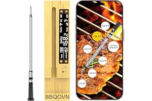 BBQOVN WiFi Sub-1G Wireless Meat Thermometer Unlimited Range 7 NIST Certified Sensors with Ambient Temp 2 Temp Monitoring Ways Digital Smart Base and App for BBQ, Smoker, Grill, Oven (1, black, small)