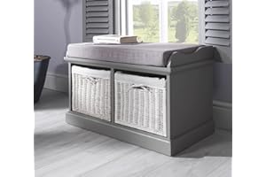 Tetbury Grey Bench with 2 White Baskets. Hallway storage bench with matching cushion seat. Very sturdy, FULLY ASSEMBLED