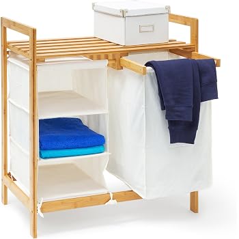 Relaxdays Badregal Mit Wäschekorb – Aus Bambus, 96x44x33 Cm | 2 Ablagen & Kippbarer Wäschesammler (30 Liter)