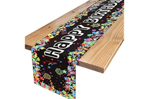 TNYKER Tischläufer Geburtstag Schwarz, Tischdecke Geburtstag mit Bunte Sterne, Happy Birthday Tischläufer zum Geburtstag, Tischdeko Geburtstag für Junge Mädchen Party Geburtstagsdeko, 180 x 35 cm