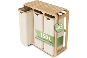 AMBIAVO® Wäschekorb 3 Fächer beige 150 L – Platzsparendes Design – 50L pro Fach - Stabile Bambuskonstruktion – Ablagefläche – Herausnehmbare, waschbare Wäschesäcke