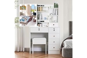 LIANWANG Tocador con Taburete, Mesa de Maquillaje con Espejo y Luz LED Ajustable, 3 Temperaturas de Color, 6 Cajones, Moderno, Blanco, 131 x 36 x 80 cm