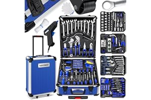 MASKO Mallette à outils remplie de 1400 pièces | Kit d'outils dans une mallette en aluminium | Boîte à outils avec roulettes | Boîte à outils pour la maison, les loisirs, la voiture | Fonction trolley
