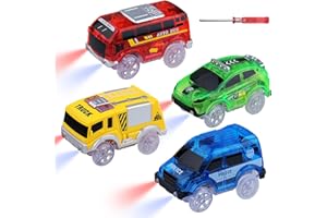 sikkeby Lot de 4 Voitures Jouets Magic Glow in The Dark, Voiture de Course avec 5 lumières LED Clignotantes, Compatibles avec la Plupart des Pistes pour Enfants, Garçons et Filles