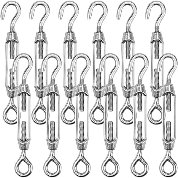 Yinpecly M5 304 Stainless Steel Hook & Eye Turnbuckle Heavy Duty Wire Rope Tension For Tighten Rope, Silver Tone 10Pcs