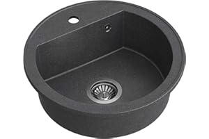 QUADRON IMAGINE YOUR KITCHEN QUADRON Lavello rotondo | dimensioni 51 x 51 x 18 cm, diametro Ø 43, nero e acciaio | Lavello in granito JOHNNY 210 | lavello da incasso con foro per rubinetto | lavello da cucina a una vasca