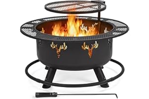 Yaheetech Fire Pits for Garden, Fire Bowl with Poker, Adjustable 360° Swivel Cooking Grate Decorative Deer Head Pattern Pit for Camping Bonfire Backyard BBQ, 82.5x57cm(Dia.xH), Black