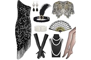 OKABAY 1920s Flapper Costume Set for Women 1920s Flapper Dress Black Sequin Dress with Accessories,Great Gatsby Outfit for Halloween,Vintage Party Roaring Twenties Theme