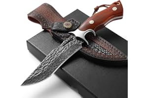 DRACHENADER coltello da caccia outdoor damasco manico in legno con fodero in vera pelle, forgiato a mano in vero acciaio damasco manico fisso in legno