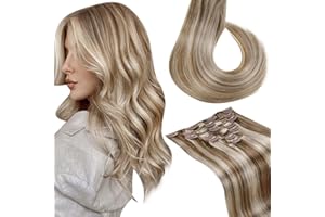 LaaVoo Extension Capelli Veri Clip 7pcs 105g 35cm Marrone Chiaro con Biondo Highlighted Extension Clip Capelli Veri Lisci Estensioni Dei Capelli Umani Reali #p8/24