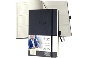 SIGEL C2512 Terminplaner Wochenkalender 2025, ca. A5, schwarz, Hardcover, 192 Seiten, Gummiband, Stiftschlaufe, Archivtasche, aus nachhaltigem Papier, Conceptum
