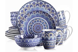 vancasso 16 Pieces Porcelain Dinner Set for 4 - Mandala Dinnerware Dish Set Artisanal Pieces with 10.5in Dinner Plate, 8in Dessert Plate, 6in Bowl and 13oz Mug, Boho Blue Tableware