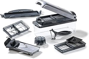 ‎GENIUS Genius Nicer Dicer Plus (12 Teile) Gemüseschneider Zwiebelschneider Pommesschneider Obstschneider Allesschneider - Würfeln/Stifteln/Schneiden/Schälen/Aufbewahren, A34141, silber/schwarz