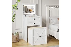 ‎FREDEES FREDEES Dressing Table with Mirror and LED Lighting, Space-Saving Small Vanity Unit with Storage Space and Padded Stool