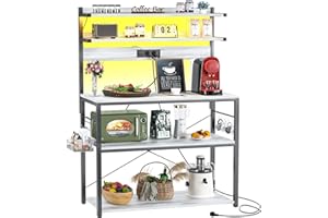 ‎ISUNIRM iSunirm Bäckerregal mit Steckdose, Mikrowellenständer, 5-stufige Kaffeebarstation mit LED-Leuchten, Küchenregal mit 6 S-förmigen Haken, Küchenregal für Gewürze, Töpfe und Pfannen, Weißeiche