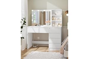 KIMENICH Toeletta, Tavolo da Trucco con Specchio, Luci LED 3 Tonalità, Luminosità Regolabile, Tavolo Cosmetico con Presa Elettrica, Consolle Trucco, 5 Cassetti, 3 Scomparti Aperti, Ripiani Regolabili, Bianco