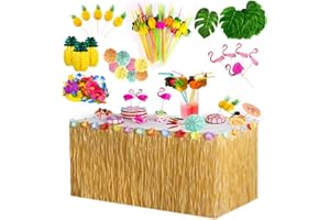 Yidaxing 119 Pièces Hawaïenne Luau Table Jupe Set de Décoration, Réutilisable Feuilles de Palmier Fleurs Guirlandes de Bannières Pailles de Fruits 3D pour Beach Summer et fête à thème hawaïenne