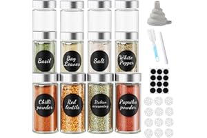 FRIBERG Pot à Épices,12 Pièces 100ml Bocaux à Épices,Boite a Epices Cuisine en Acier Inoxydable,pot epices verre Entonnoir Inclus,Brosse de Nettoyage,Tamis,Stylo et Autocollants