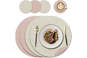 KERYCHIN Round Leather Placemats(38cm) and Coasters (10cm) Set of 4, Heat-Resistant 212°F, Dual-Sided Non Slip Wipeable Place Mats for Hotel, Home, Kitchen, Outdoor Glass Dining Table, (Pink/Cream)