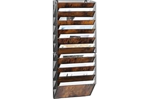 TQVAI 10 Pockets Wall File Organiser Wood Magazine File Holder A4 Paper Document Storage Desk Accessories Stationery Supplies for Office Home School, Black/Antique