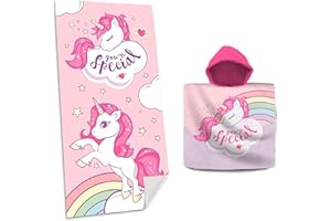 damaloo Asciugamano da bagno con unicorno 70 x 140 cm e poncho da bagno per bambini, 60 x 60 cm, in cotone, poncho con cappuccio e asciugamano da spiaggia con unicorno, asciugamano grande e