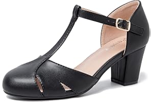 Peijely Womens T Strap Mary Jane Shoes Chunky Block Heel Cut Out Ankle Strap Buckle Dress Dance Pumps