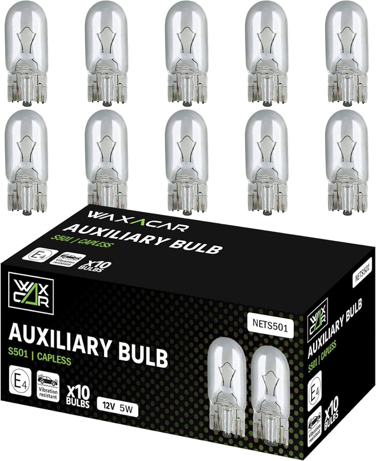 WAXACAR Vehicle Light Bulbs, Multi-Purpose for Tail, Brake, Fog, Indicator, Reverse Lights, 10 Pack, Universal Fit, Halogen, 21W, Compatible with Car, Van, Trailer, Truck, Bike (501 (10 Pack))