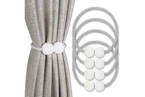 Pinowu Magnetic Curtain Tiebacks Convenient Drape Tie Backs (4pcs), Pearl Decorative Holdback Rope Holder for Small, Thin or Sheer Window Draperies (Gray)
