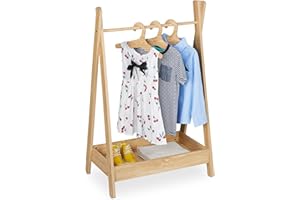 Relaxdays Perchero Infantil, Burro Ropa Niños, 98,5 x 62 x 40 cm, 3 Perchas, con Barra y Estante Zapatero, Natural, Tablero de Fibras, Bambú