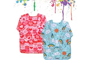 QTUIE 2Pz Grembiule Pittura Bambini 3-7 Anni Grembiule Asilo Grembiulino Impermeabile Scuola Elementare Bambino Grembiule da Pittura Plastificato con Maniche Lunghe per Artigianato Cucina Asilo Scuola