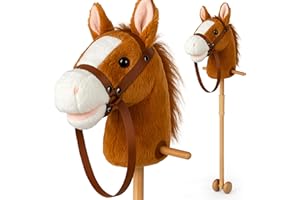 CELMAN Hobby Horse - Cheval de Bataille A4 Marron avec Bride et Son - Effet sonore grâce à la Pression des Oreilles - Baguette en Bois avec Roues - Jouet pour Enfants - Équitation et Jeu de rôle