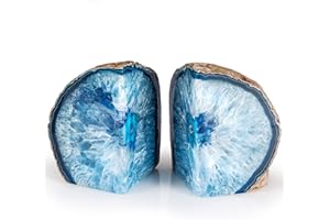 BRITISH FOSSILS Genuine Blue Agate Bookends – Polished Crystal Geode Home Decor – Natural Stone Slice Pair for Shelves, Desks & Offices