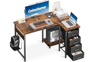 ‎COLESHOME Coleshome Eckschreibtisch, 100x70cm Schreibtisch L Form mit 4 Schubladen, Umkehrbarer Computertisch for Büro Arbeitszimmer Schlafzimmer, Vintage Brown