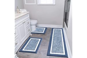 Pauwer Fluffy Bath Mat Sets 3 Piece Washable, Microfiber Non Slip Washable Bath and Pedestal Mat Sets Water Absorbent Bathroom Floor Carpet Rug Shower Rug, Blue