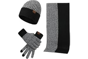 GEEKEO Invierno Gorro y Guantes Bufanda Hombre, Conjunto Bufanda y Gorro y Guantes Hombre Invierno, Forro Polar Beanie Gorro, Bufanda Largo de Punto y Guantes Táctiles, Idea Regalos para Hombre