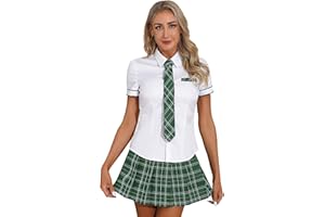 Jowowha Womens School Uniform Cosplay Set Short Sleeve Shirt with Tie and Plaid Skirt Fancy Dress Cosplay Costume