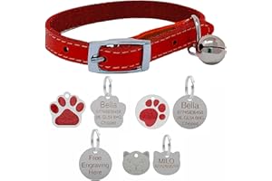 LARRYROO Genuine Leather Cat Collar with Safety Elastic & Bell with Optional Personalised Engraved Tag (Red, No Tag - Only Collar)