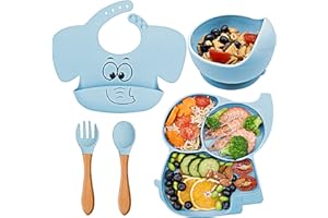 FILOWA Silicone Baby Weaning Set, 5 in 1 Baby Feeding Set with Suction Plates and Bowls Set, Weaning Bibs, Toddler Spoon and Fork Cutlery Set, Led Weaning Tableware Set for Highchair,Blue Elephant