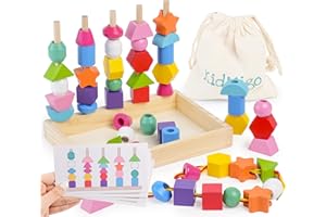 KidMigo 3-in-1 Fädelspiel ab 3 Jahre, Motorikspielzeug 3 Jahre mit Ablagefach und Karten, Holz Sortier und Stapelspielzeug, Montessori Spielzeug ab 3 4 5 Jahre