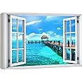 wall26 Canvas Print Wall Art Window View Tropical Island Beach Pier Hawaii Tahiti Wilderness Nature Photography Realism Scenic Landscape Colorful Multicolor for Living Room, Bedroom, Office - 16"x24"